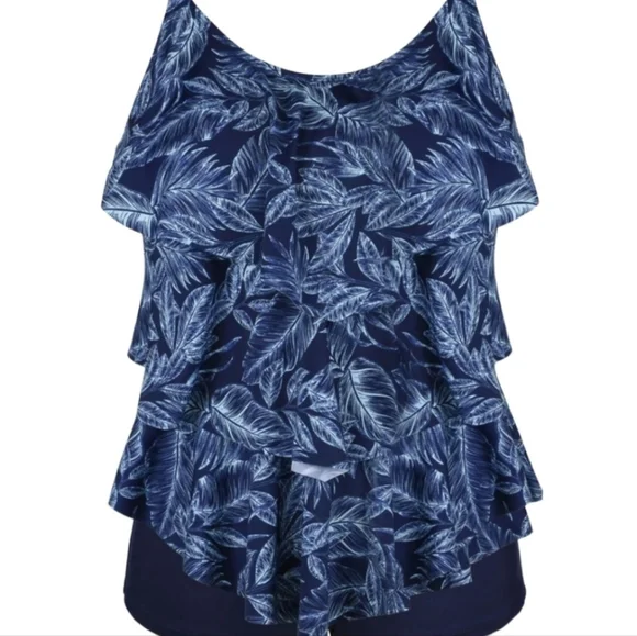 Cadocado Tankini Swimsuit Blue Palm Tree Leaves 3 Tier Ruffle Top Sz 20 XXL Exc - Picture 13 of 15